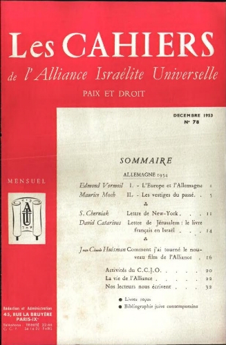Les Cahiers de l'Alliance Israélite Universelle (Paix et Droit).  N°078 (01 déc. 1953)